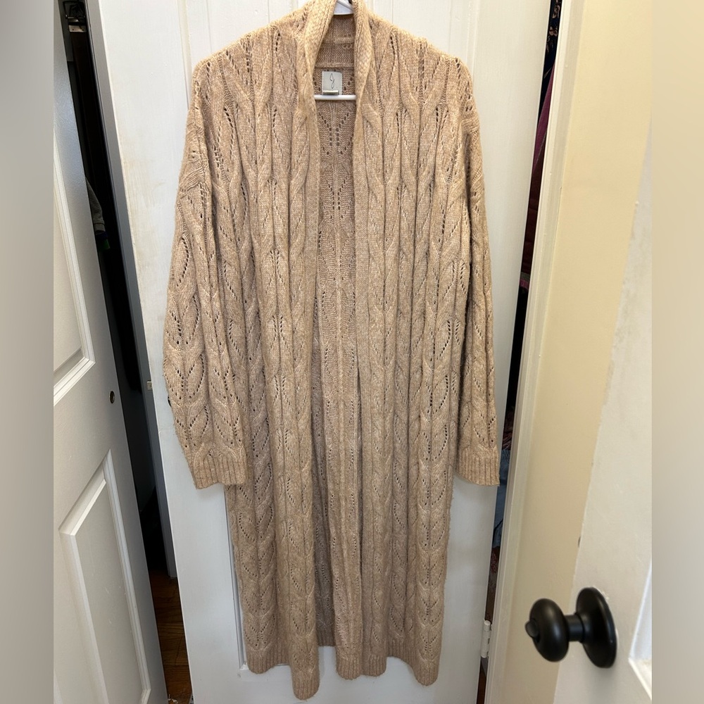 Joie Long Open-Front Cable Knit Cardigan in Beige